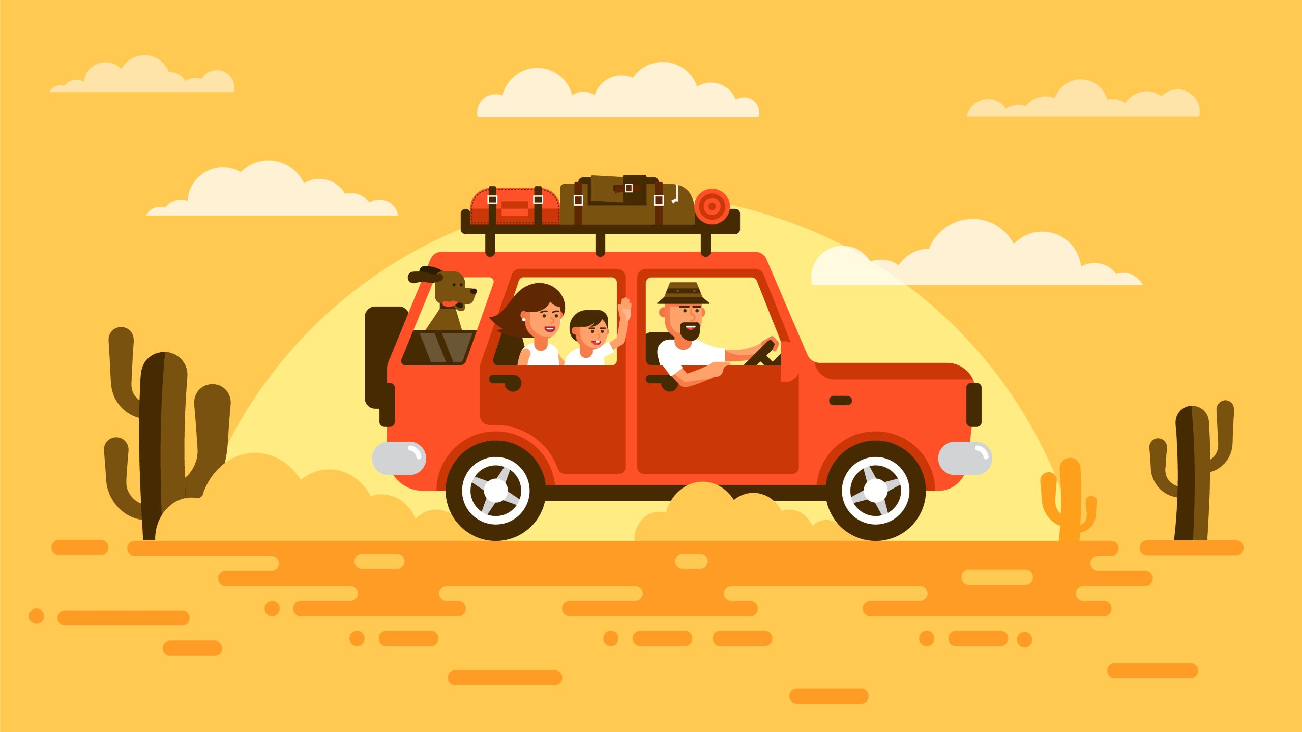 Family travels by car with a dog. SUV with passengers and luggage rides through the desert of the southern states.